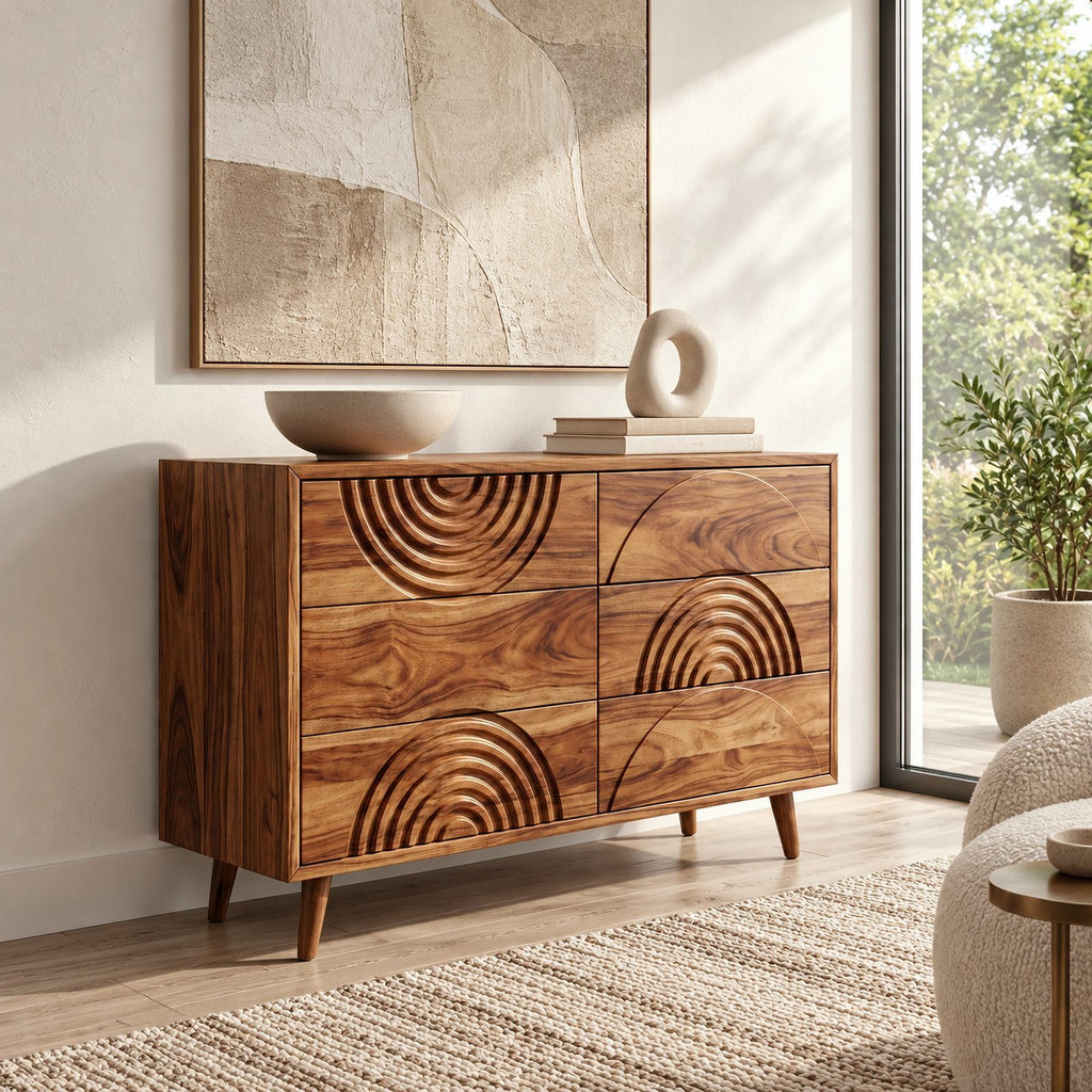 Contemporary Wood Dresser With Carved Arc Pattern Drawers For Bedroom
