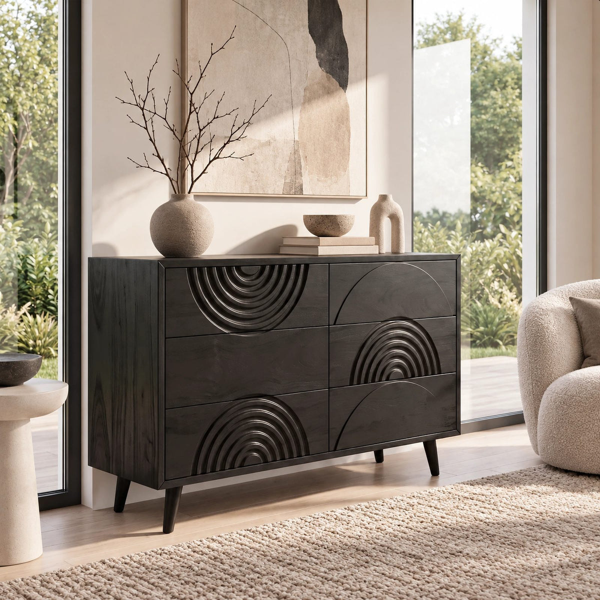 Contemporary Wood Dresser With Carved Arc Pattern Drawers For Bedroom