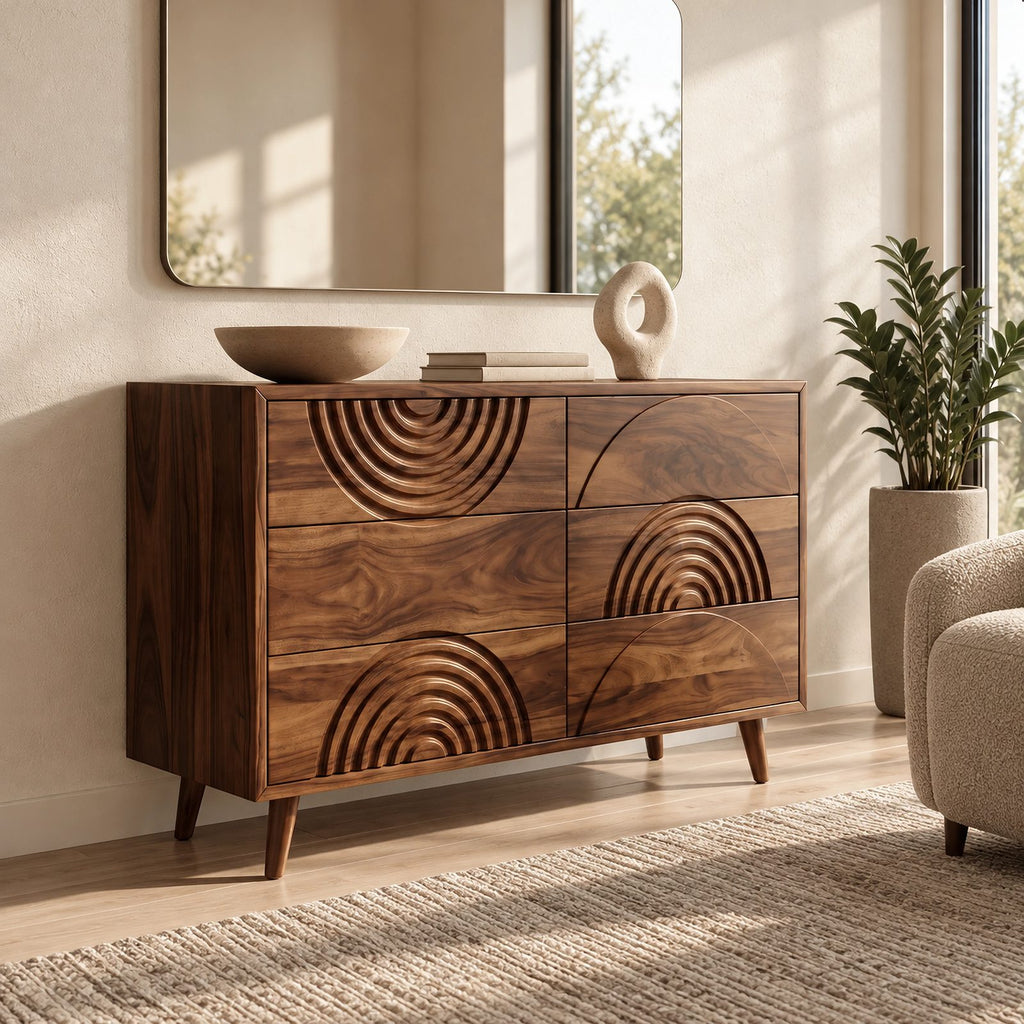 Contemporary Wood Dresser With Carved Arc Pattern Drawers For Bedroom