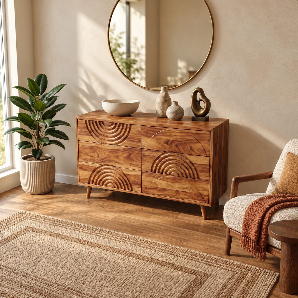 Contemporary Wood Dresser With Carved Arc Pattern Drawers For Bedroom