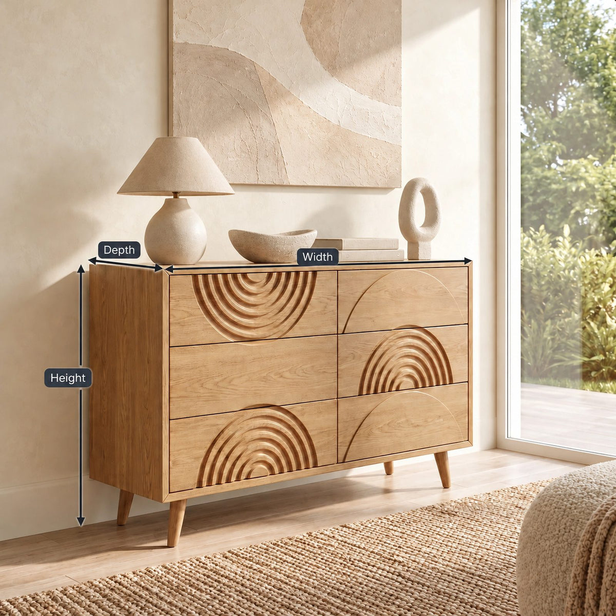 Contemporary Wood Dresser With Carved Arc Pattern Drawers For Bedroom
