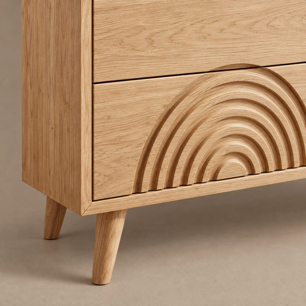 Contemporary Wood Dresser With Carved Arc Pattern Drawers For Bedroom