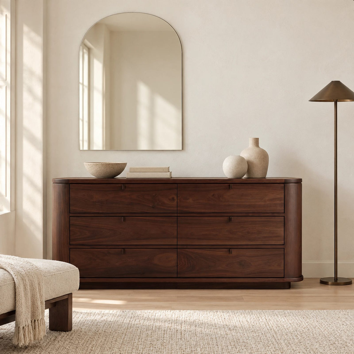 Minimalist Solid Wood Six Drawer Dresser With Curved Corners For Bedroom