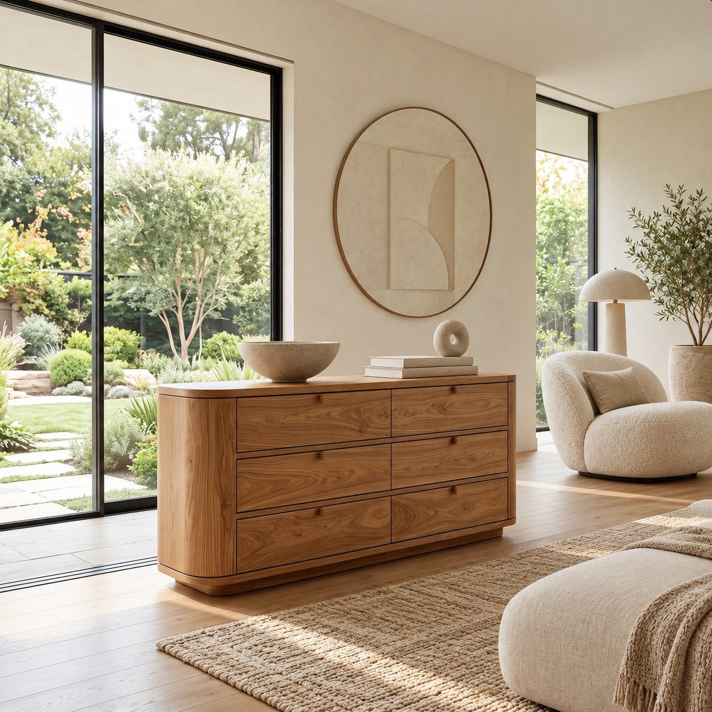 Minimalist Solid Wood Six Drawer Dresser With Curved Corners For Bedroom