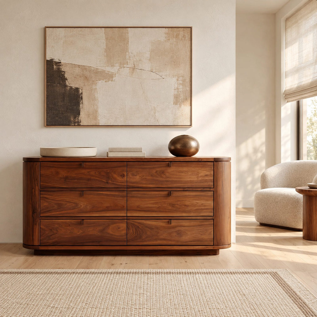 Minimalist Solid Wood Six Drawer Dresser With Curved Corners For Bedroom