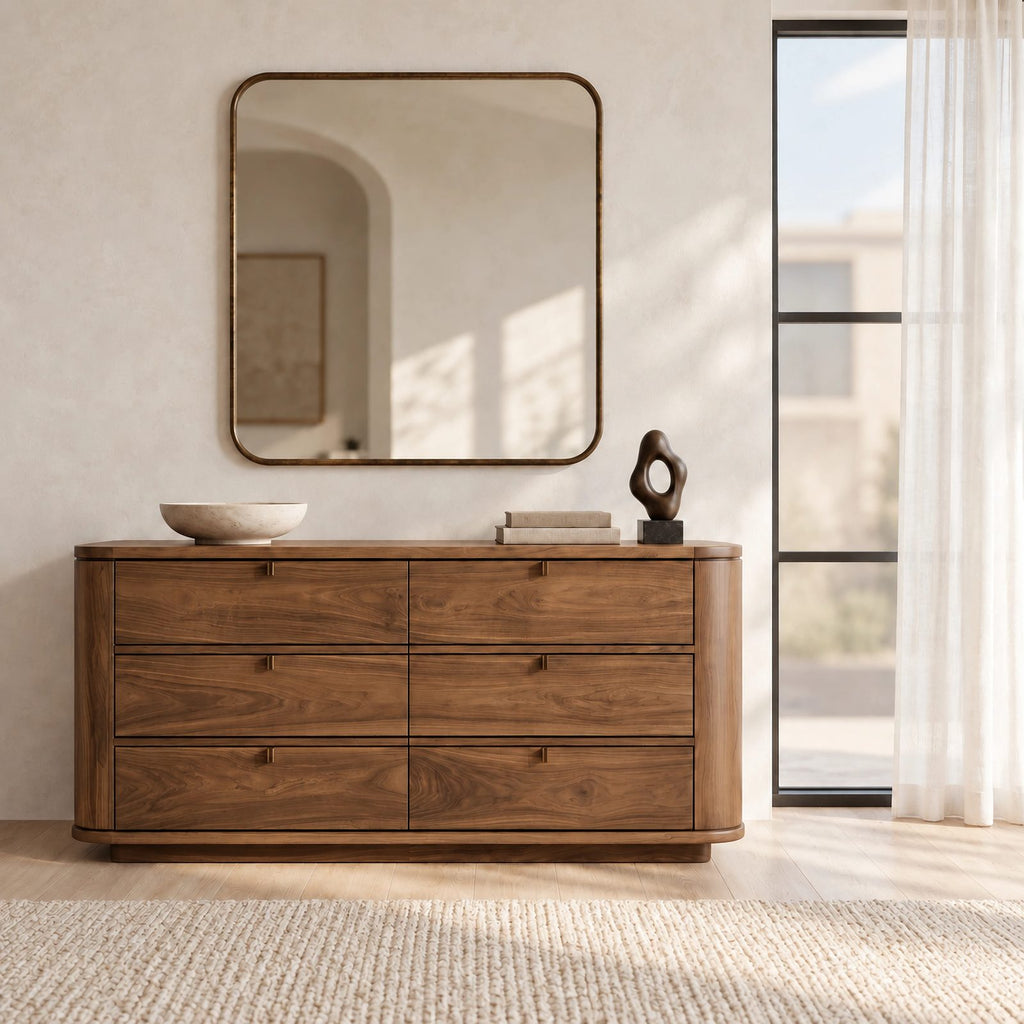 Minimalist Solid Wood Six Drawer Dresser With Curved Corners For Bedroom