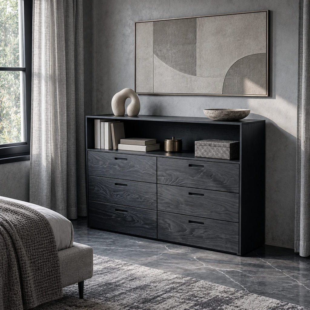 Contemporary Wood Dresser With Open Top Shelf For Bedroom