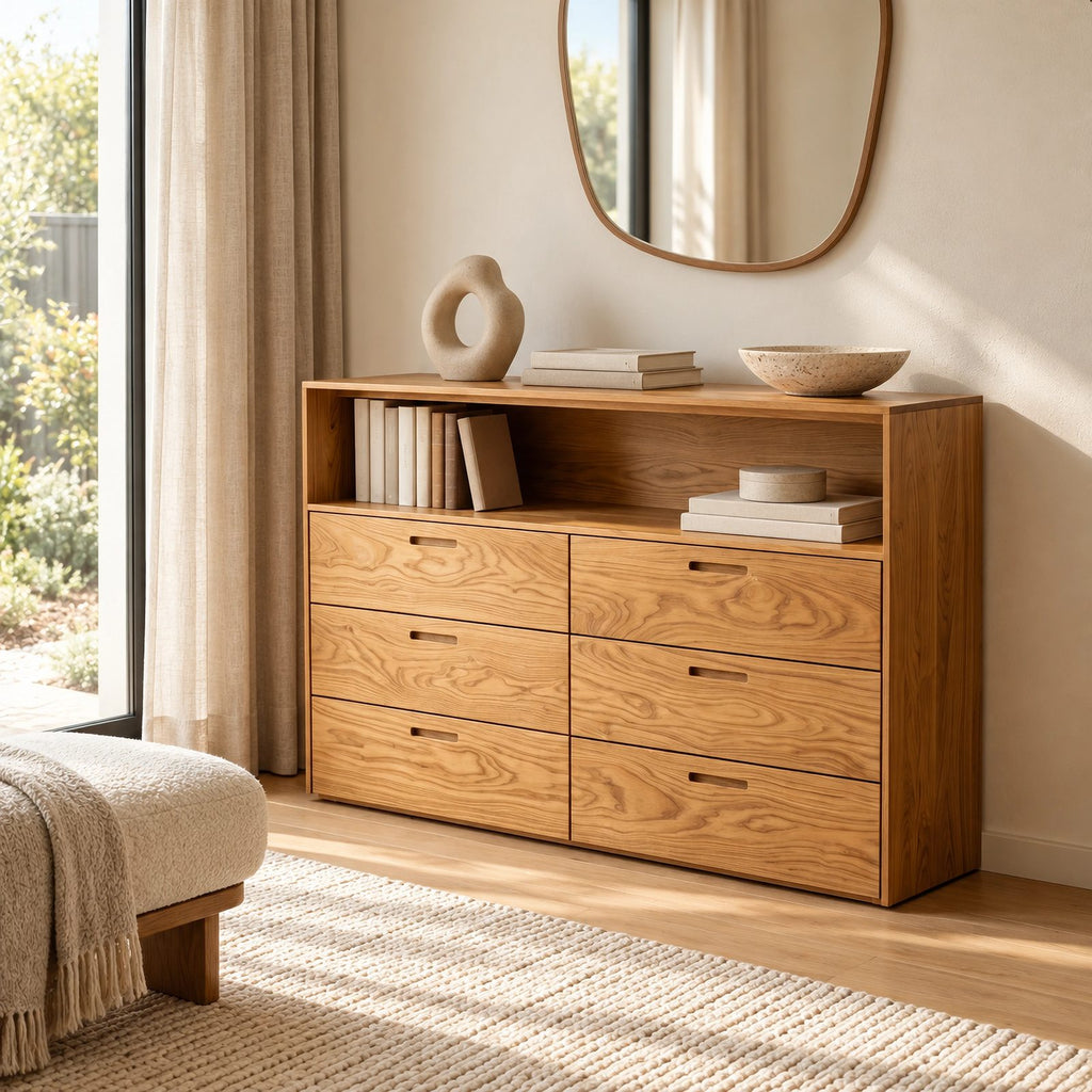 Contemporary Wood Dresser With Open Top Shelf For Bedroom