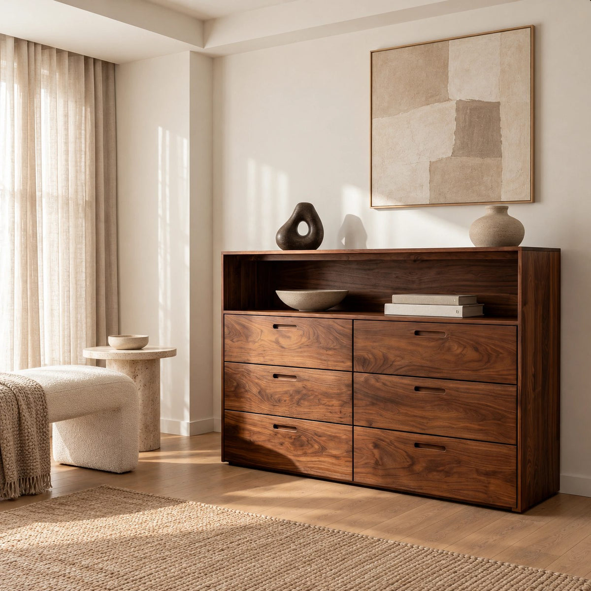 Contemporary Wood Dresser With Open Top Shelf For Bedroom