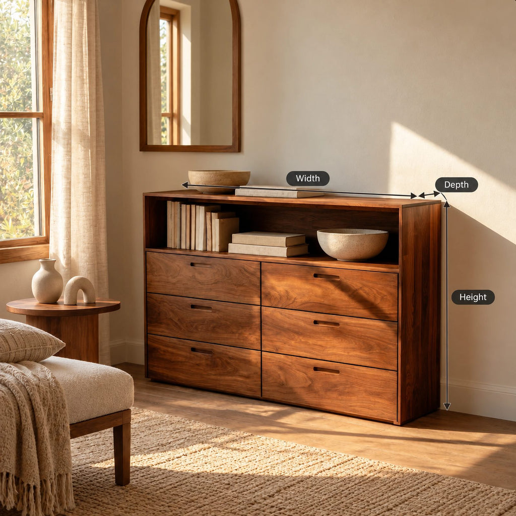 Contemporary Wood Dresser With Open Top Shelf For Bedroom