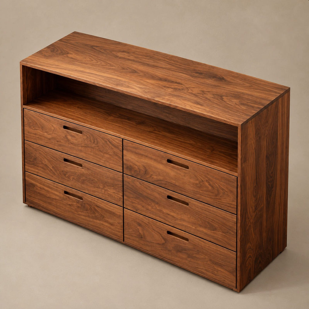 Contemporary Wood Dresser With Open Top Shelf For Bedroom