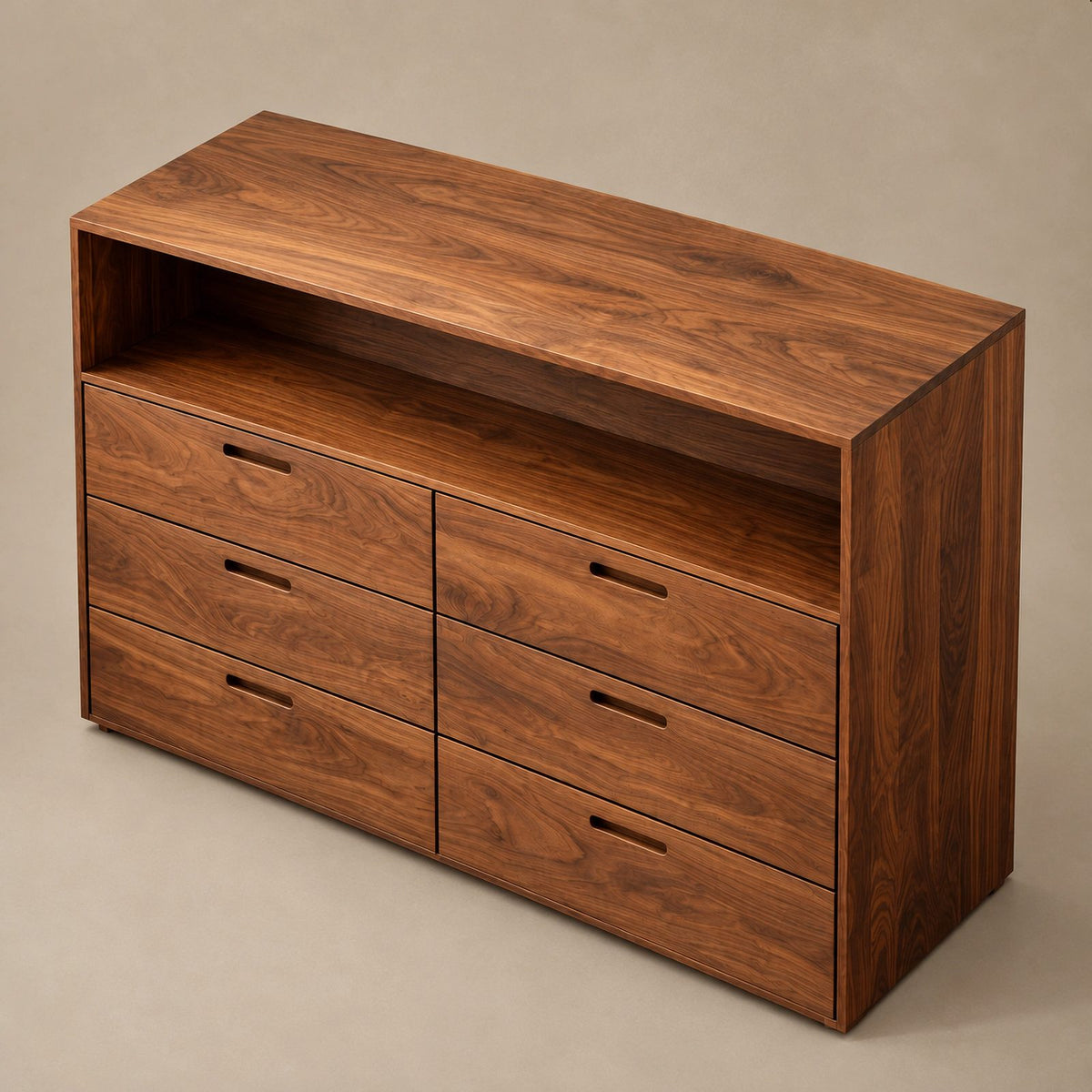 Contemporary Wood Dresser With Open Top Shelf For Bedroom
