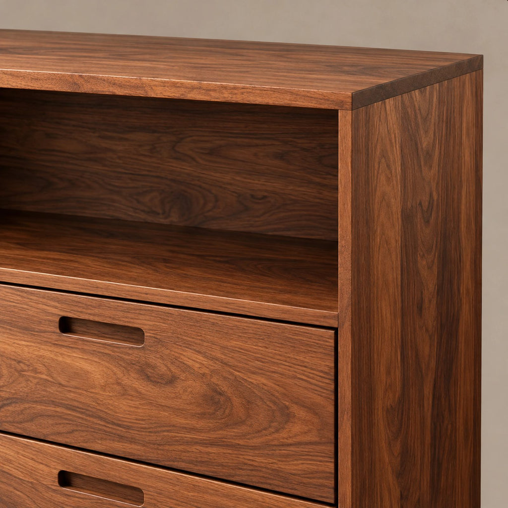 Contemporary Wood Dresser With Open Top Shelf For Bedroom