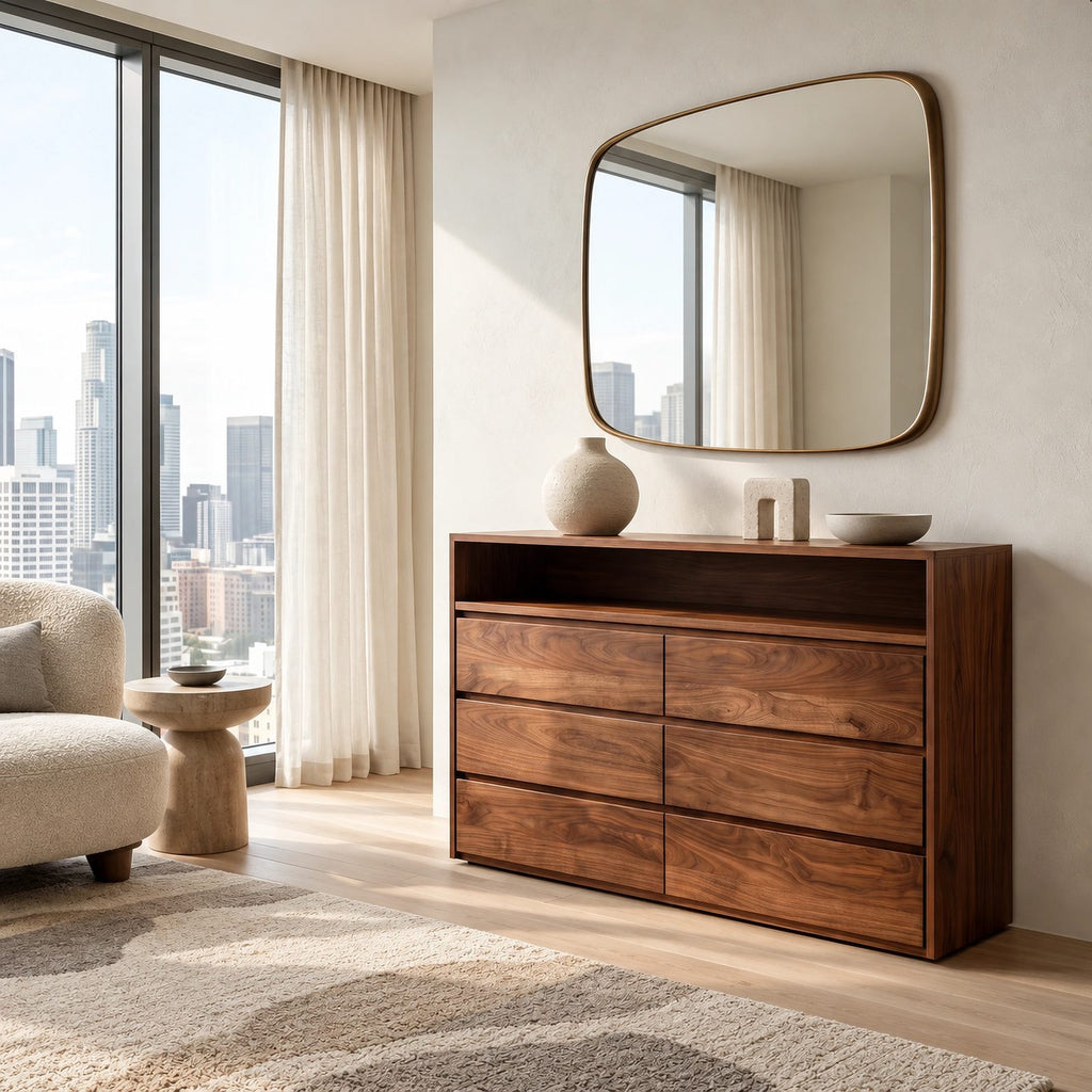 Modern Wood Dresser With Open Shelf And Drawers For Bedroom