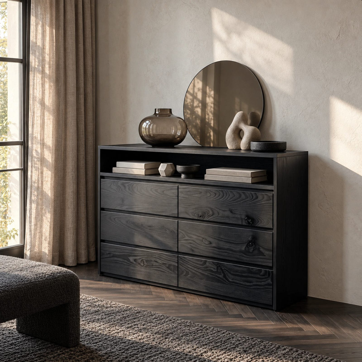 Modern Wood Dresser With Open Shelf And Drawers For Bedroom