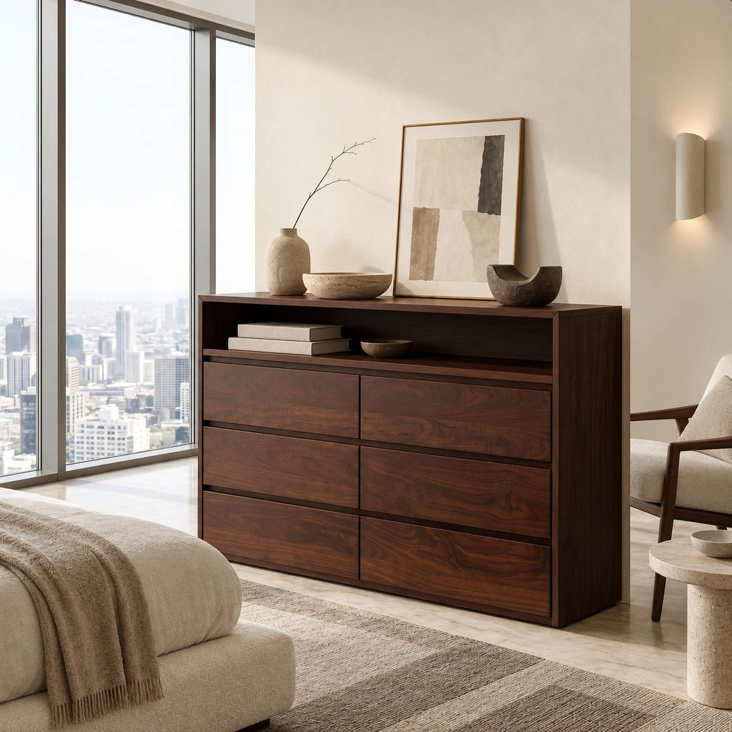 Modern Wood Dresser With Open Shelf And Drawers For Bedroom