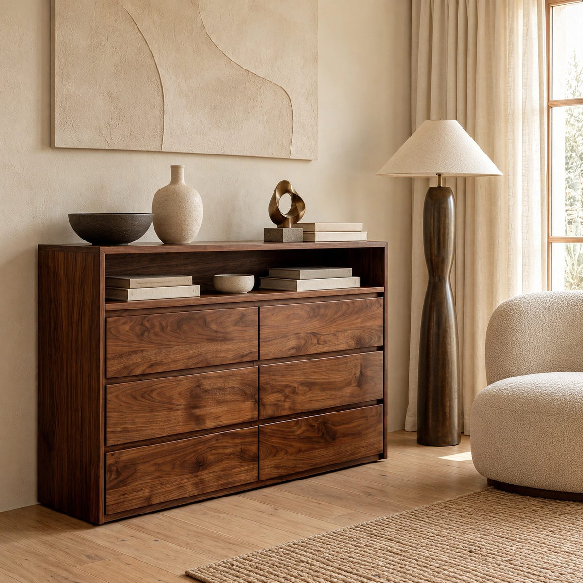 Modern Wood Dresser With Open Shelf And Drawers For Bedroom