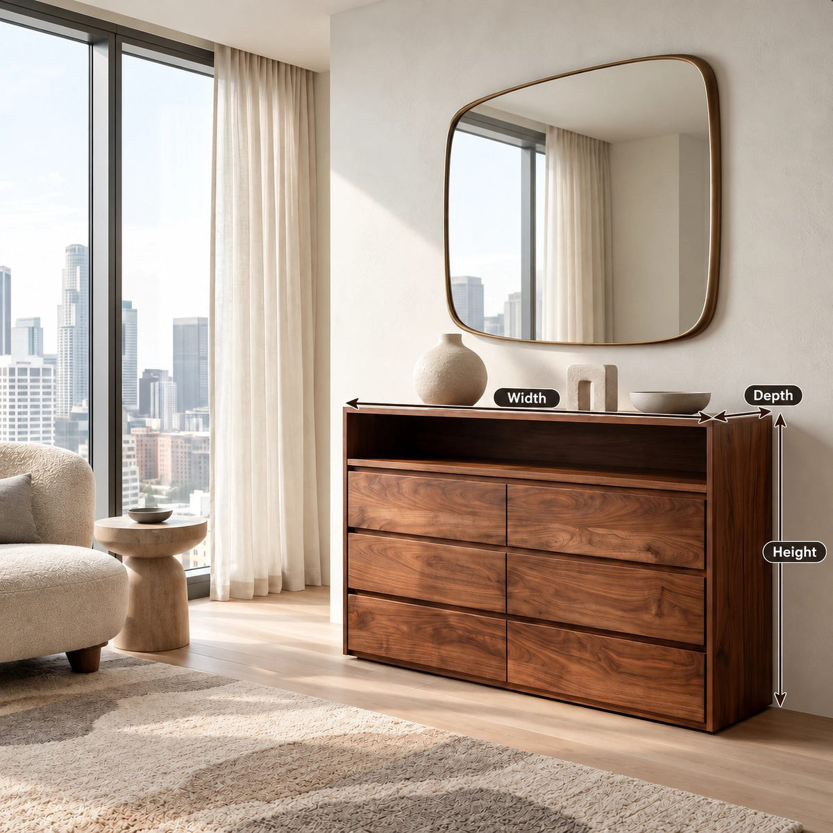 Modern Wood Dresser With Open Shelf And Drawers For Bedroom