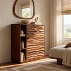 Sculptural Tall Wood Dresser With Wave Carved Drawers For Bedroom