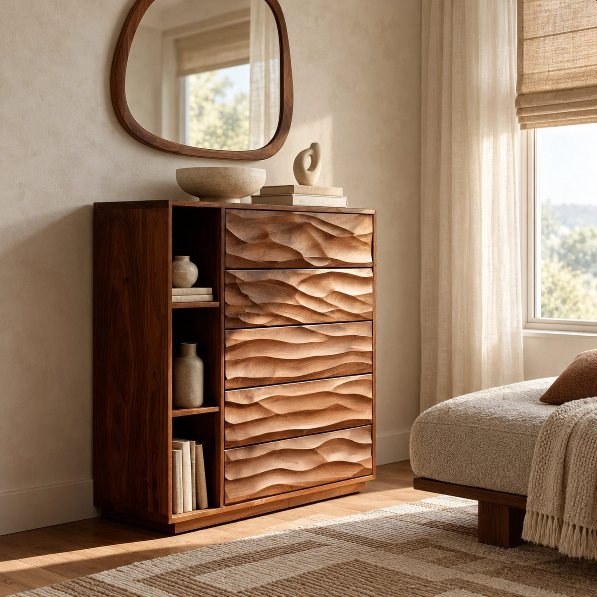 Sculptural Tall Wood Dresser With Wave Carved Drawers For Bedroom