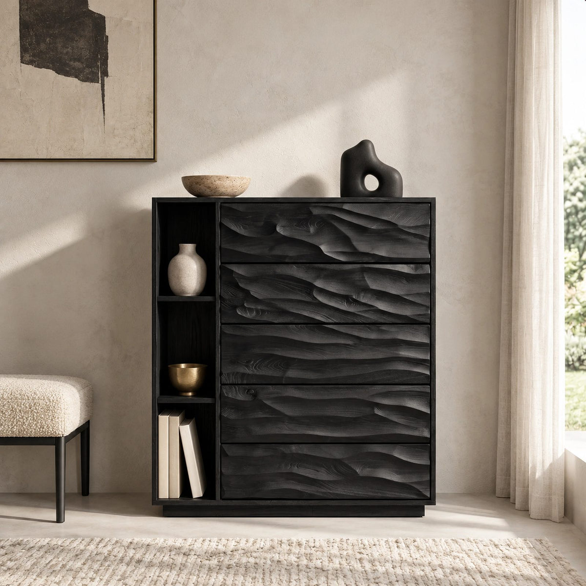 Sculptural Tall Wood Dresser With Wave Carved Drawers For Bedroom