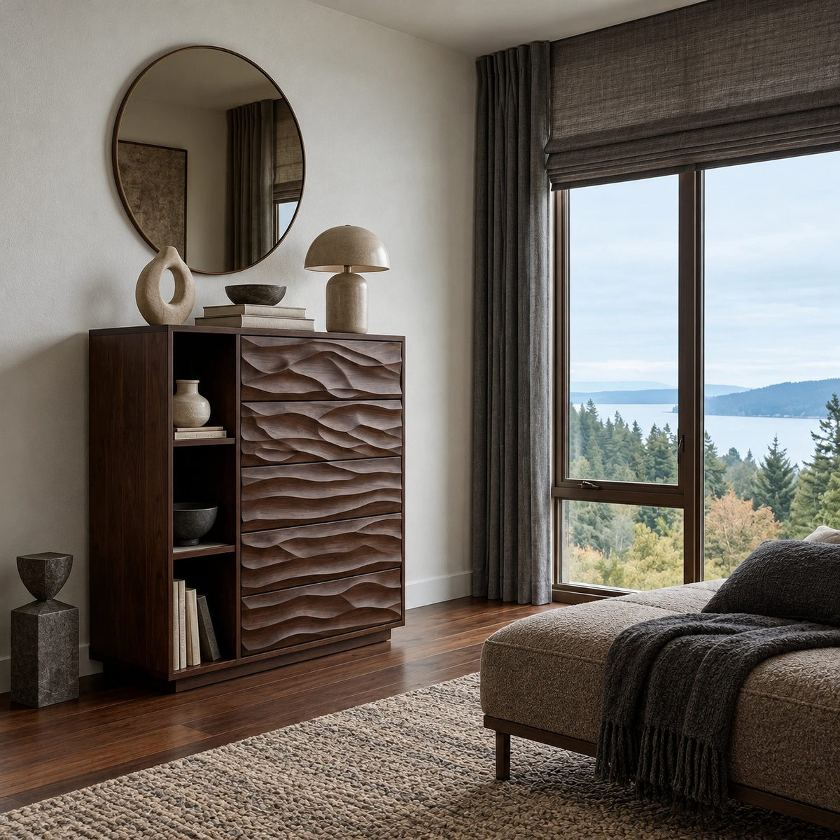 Sculptural Tall Wood Dresser With Wave Carved Drawers For Bedroom