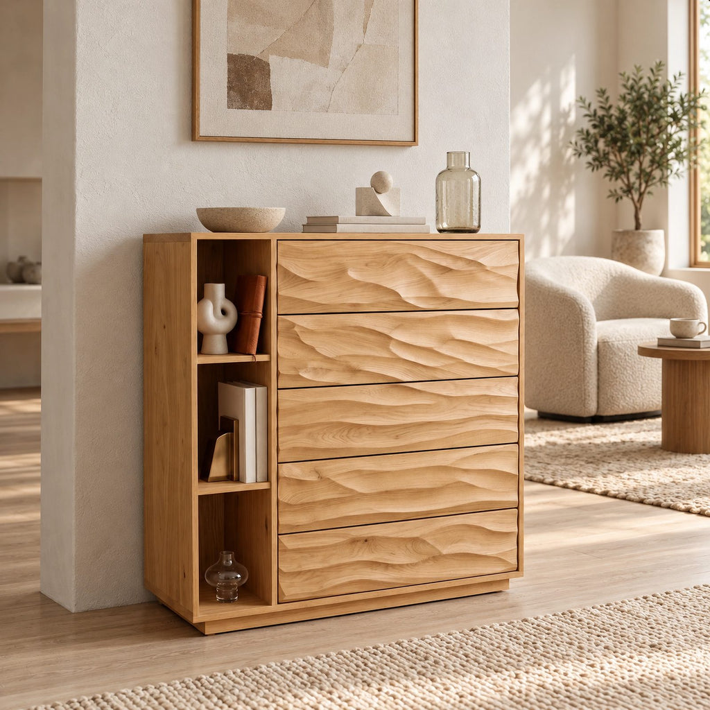 Sculptural Tall Wood Dresser With Wave Carved Drawers For Bedroom