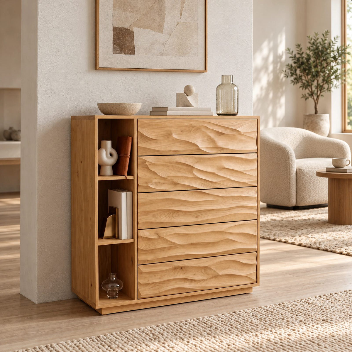 Sculptural Tall Wood Dresser With Wave Carved Drawers For Bedroom
