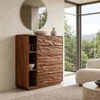 Sculptural Tall Wood Dresser With Wave Carved Drawers For Bedroom