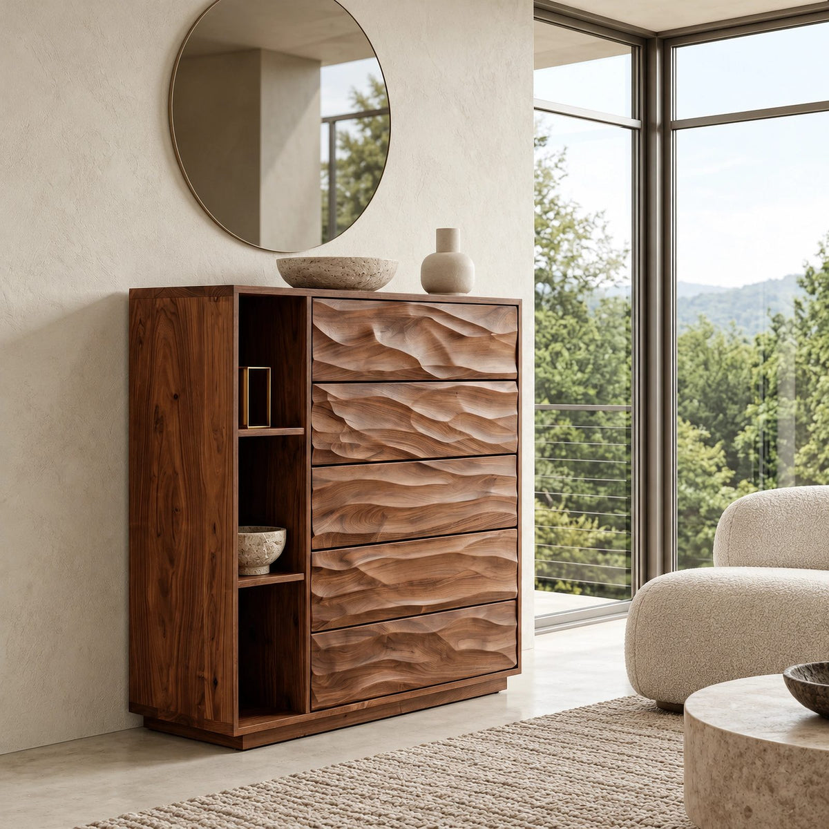 Sculptural Tall Wood Dresser With Wave Carved Drawers For Bedroom