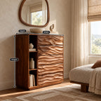 Sculptural Tall Wood Dresser With Wave Carved Drawers For Bedroom
