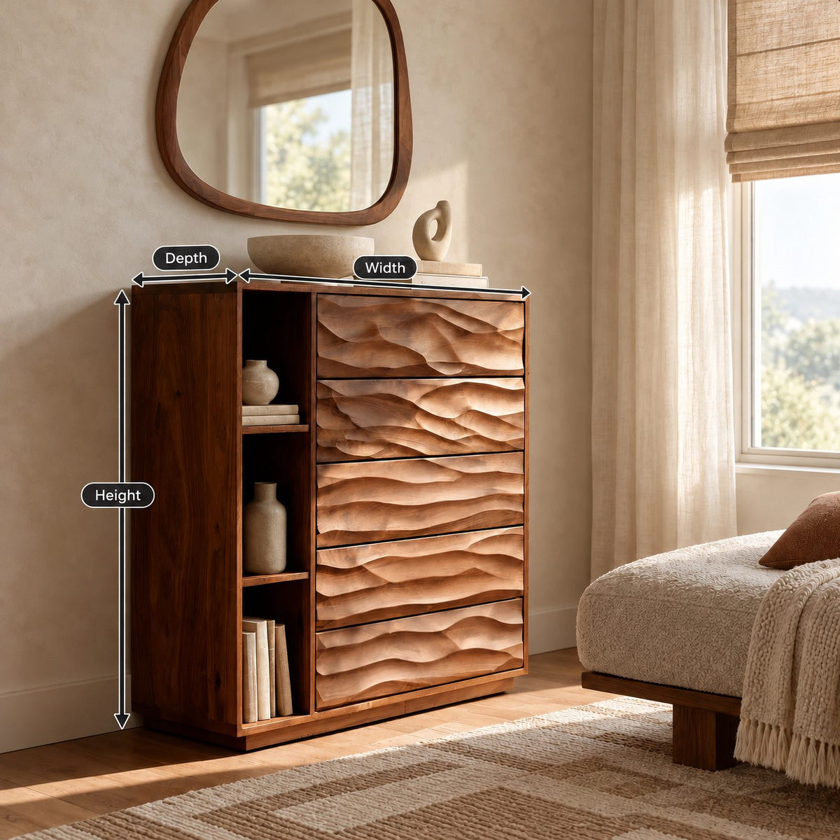 Sculptural Tall Wood Dresser With Wave Carved Drawers For Bedroom