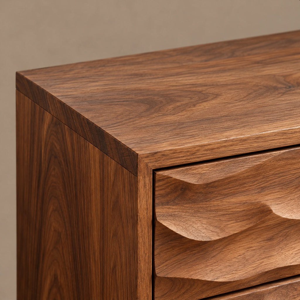 Sculptural Tall Wood Dresser With Wave Carved Drawers For Bedroom