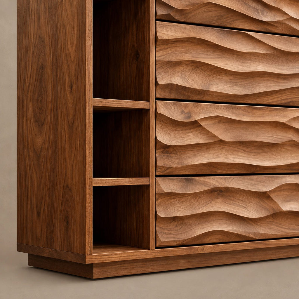 Sculptural Tall Wood Dresser With Wave Carved Drawers For Bedroom