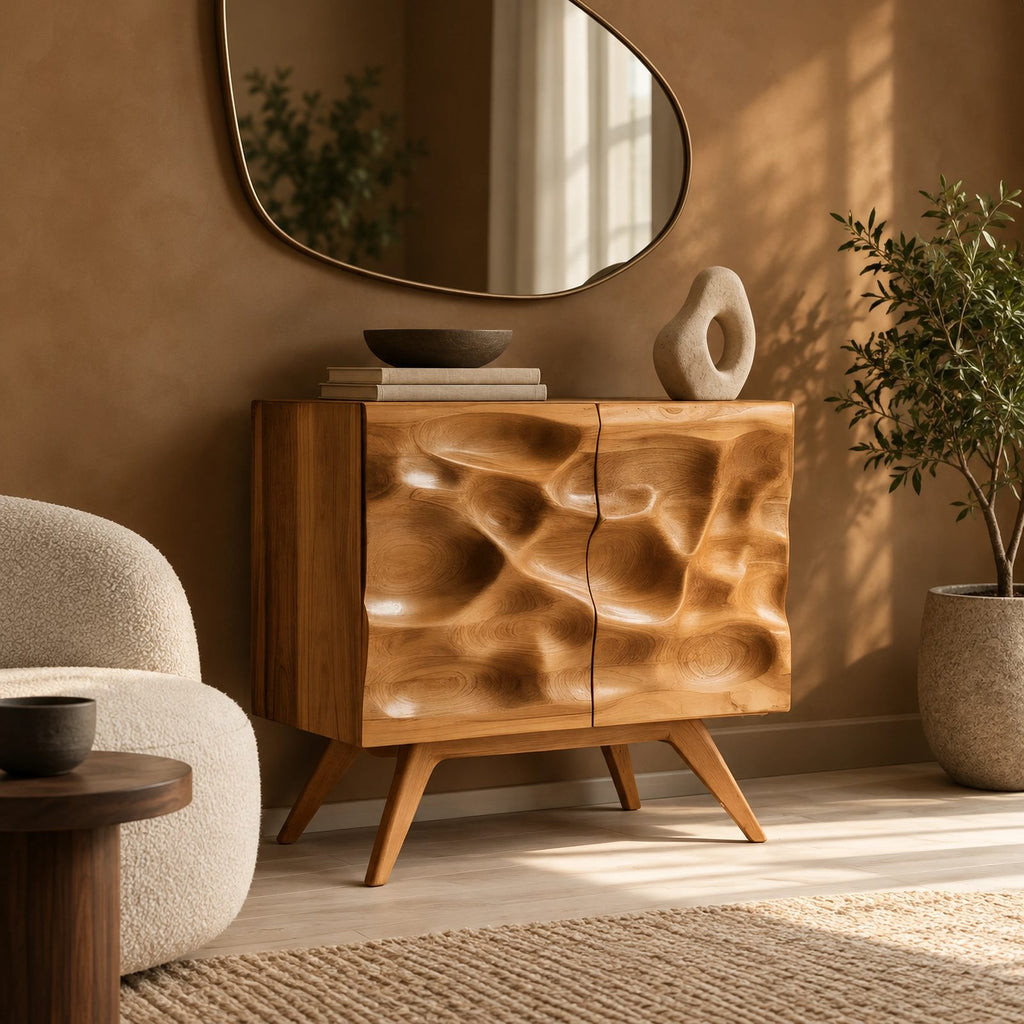 Organic Sculpted Wood Dresser With Wave Carved Doors For Living Room