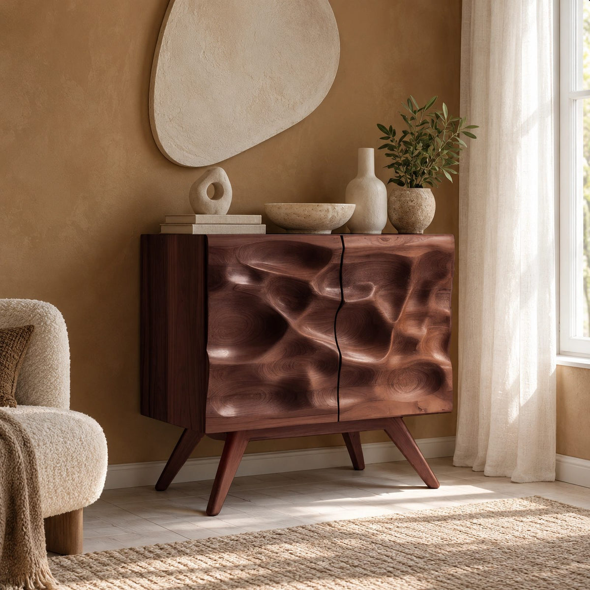 Organic Sculpted Wood Dresser With Wave Carved Doors For Living Room