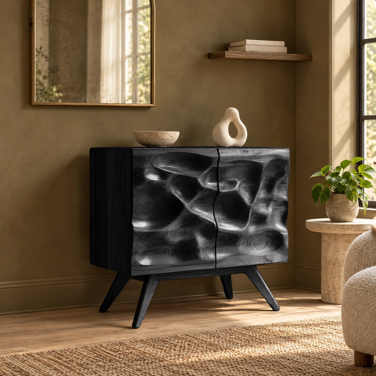 Organic Sculpted Wood Dresser With Wave Carved Doors For Living Room