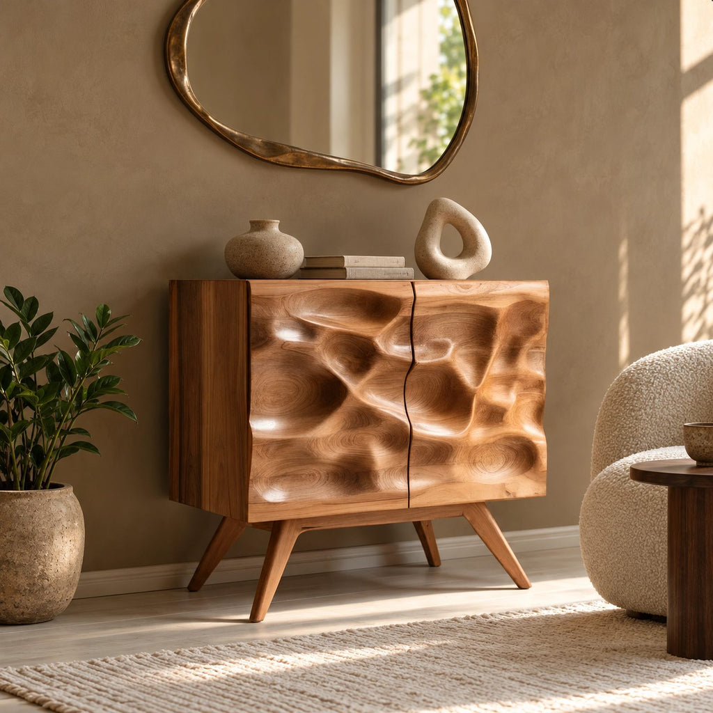 Organic Sculpted Wood Dresser With Wave Carved Doors For Living Room