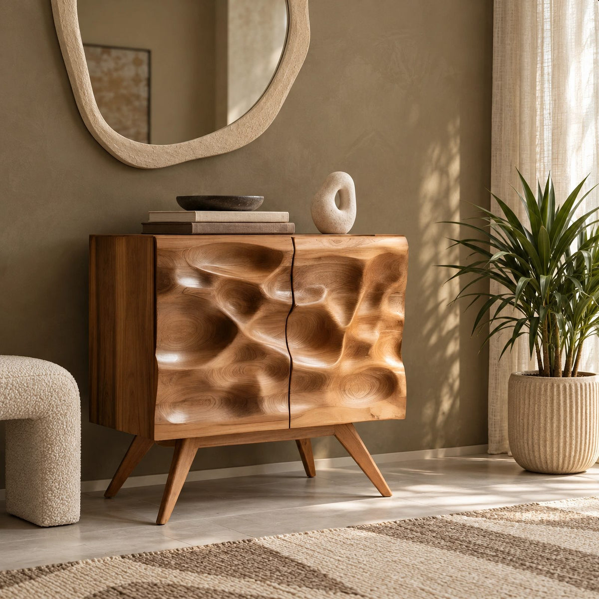 Organic Sculpted Wood Dresser With Wave Carved Doors For Living Room