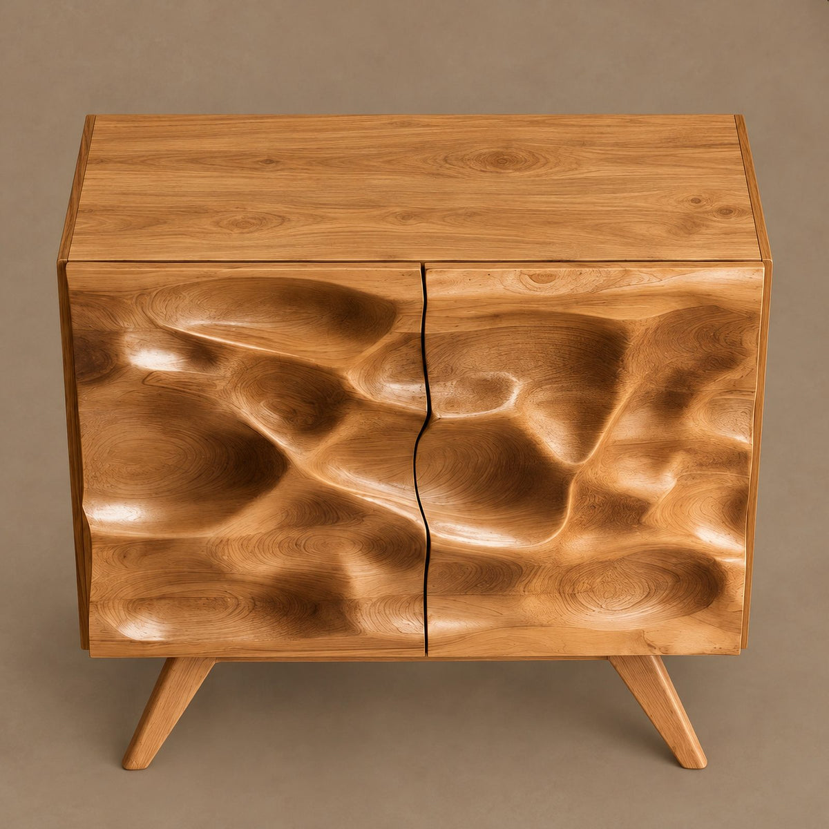 Organic Sculpted Wood Dresser With Wave Carved Doors For Living Room