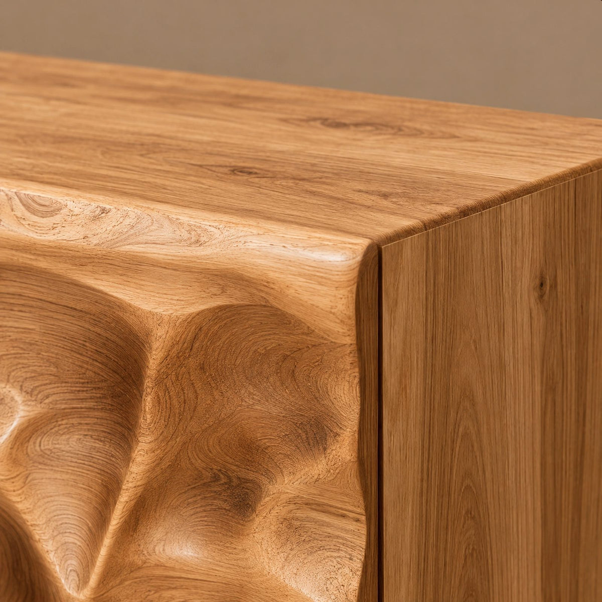 Organic Sculpted Wood Dresser With Wave Carved Doors For Living Room