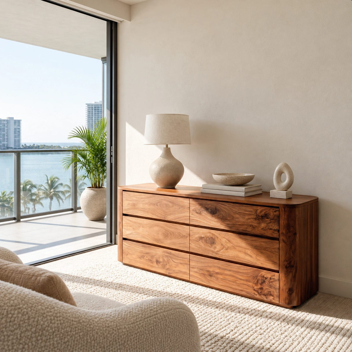 Contemporary Wooden Dresser With Rounded Case For Bedroom