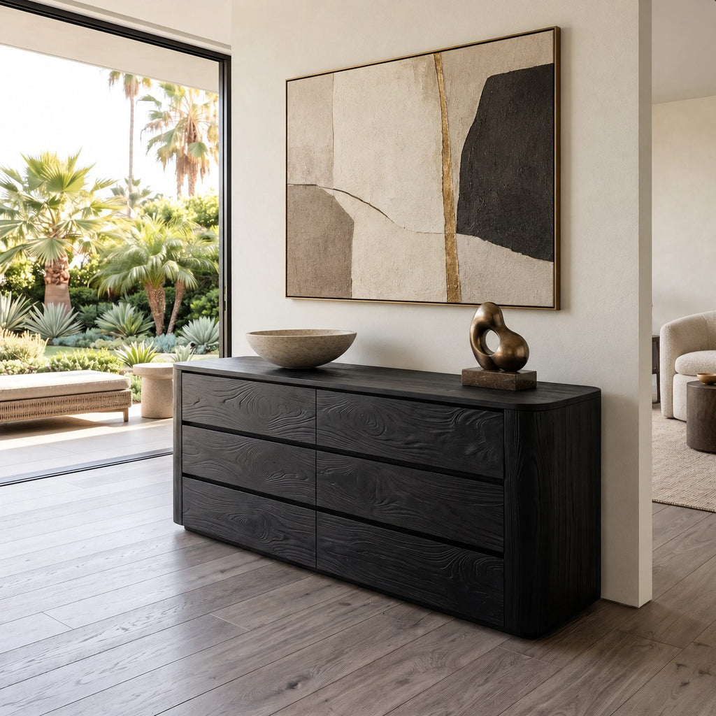 Contemporary Wooden Dresser With Rounded Case For Bedroom