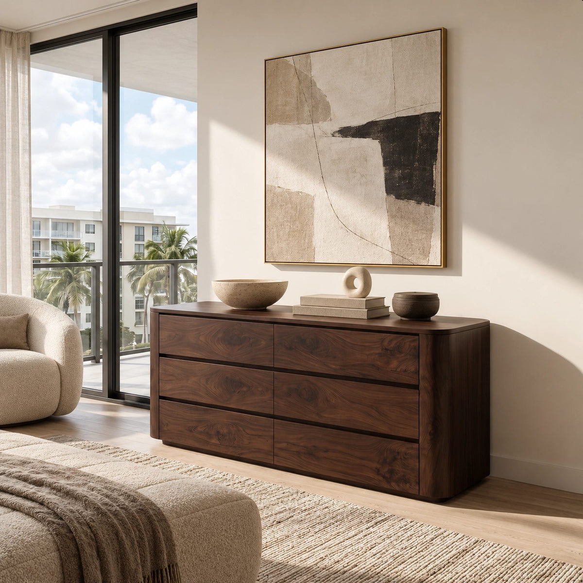 Contemporary Wooden Dresser With Rounded Case For Bedroom