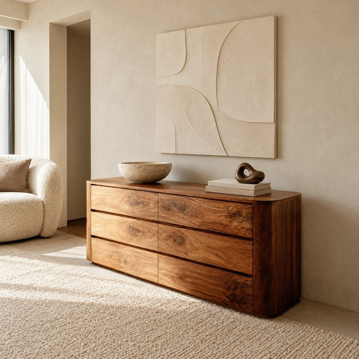 Contemporary Wooden Dresser With Rounded Case For Bedroom