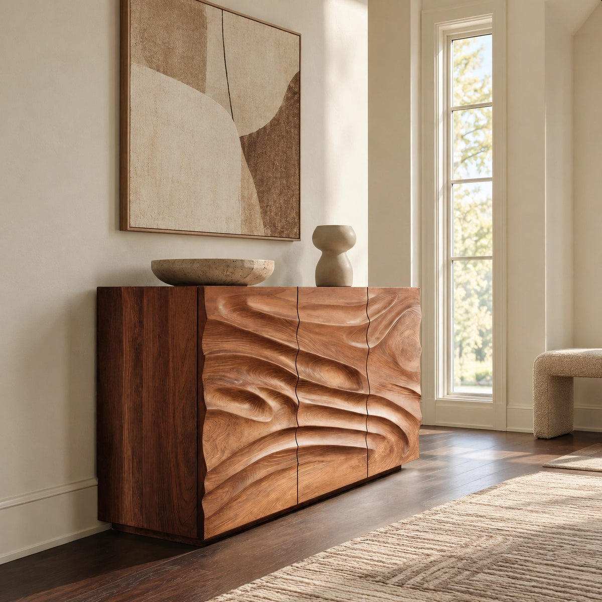 Sculptural Wave Carved Dresser With Three Door Front For Entryway
