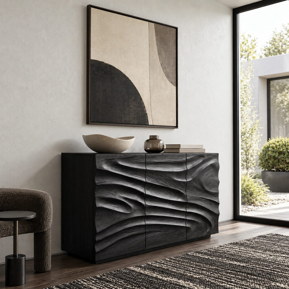 Sculptural Wave Carved Dresser With Three Door Front For Entryway