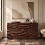 Sculptural Wave Carved Dresser With Three Door Front For Entryway