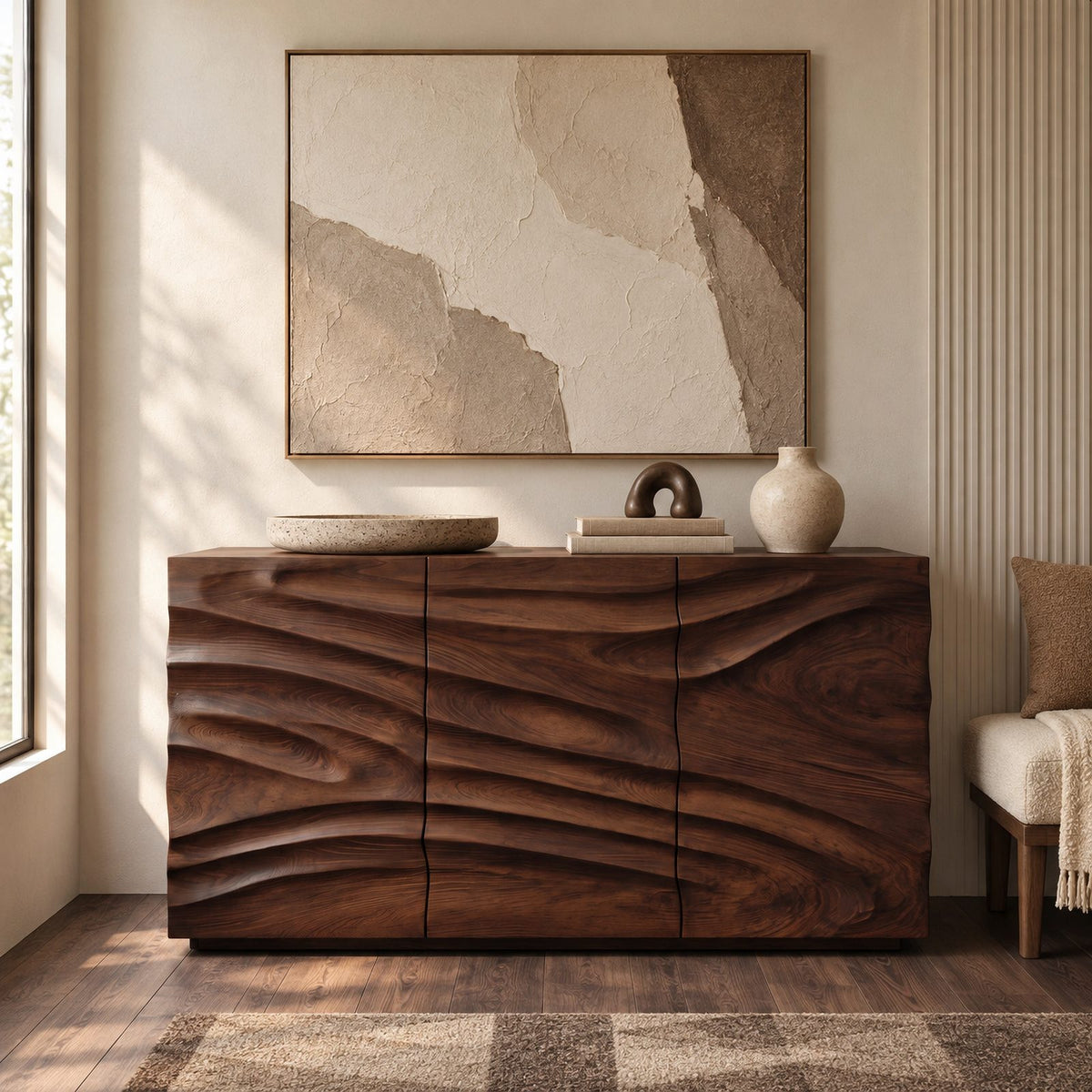 Sculptural Wave Carved Dresser With Three Door Front For Entryway