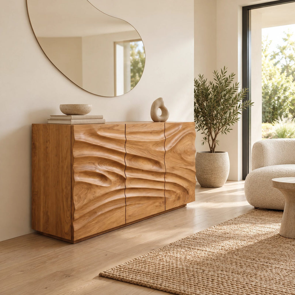 Sculptural Wave Carved Dresser With Three Door Front For Entryway